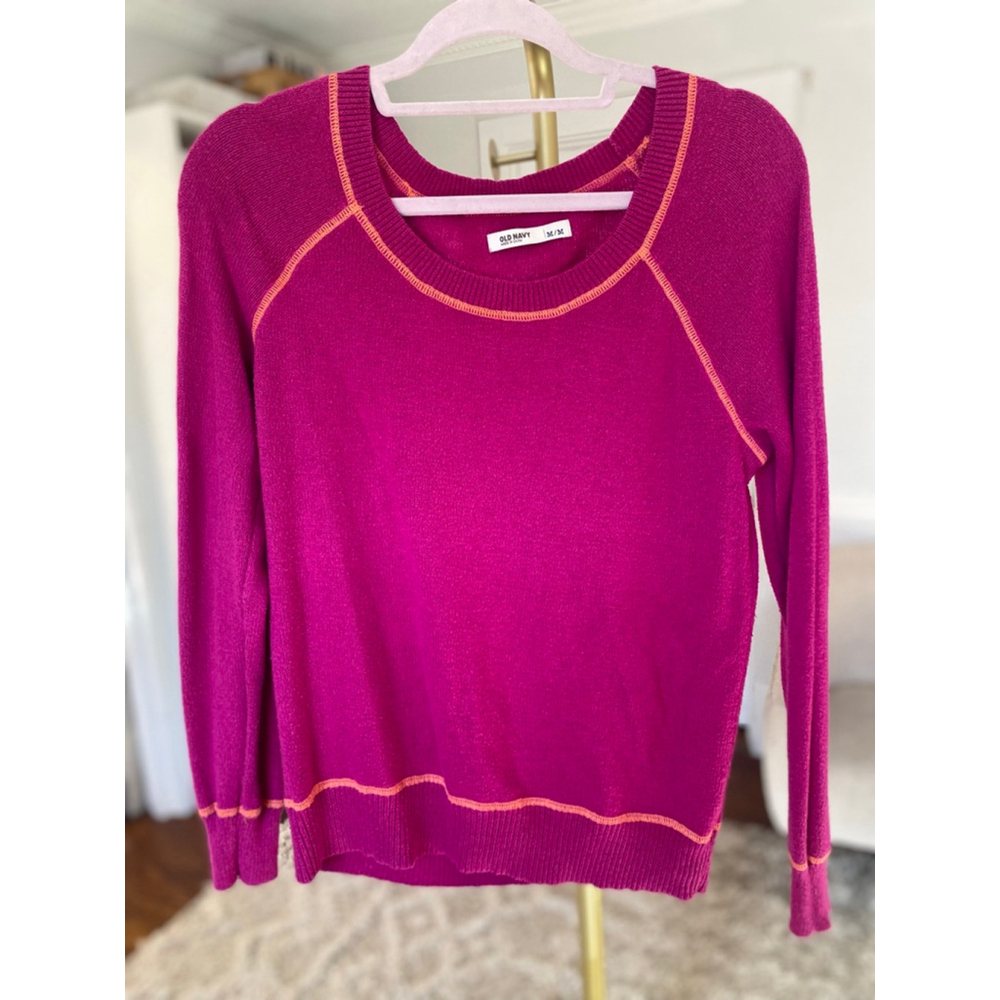 Old Navy Magenta Sweater Contrast Stitch Cotton Athleisure Quiet Luxury Lounge M - Picture 2 of 6